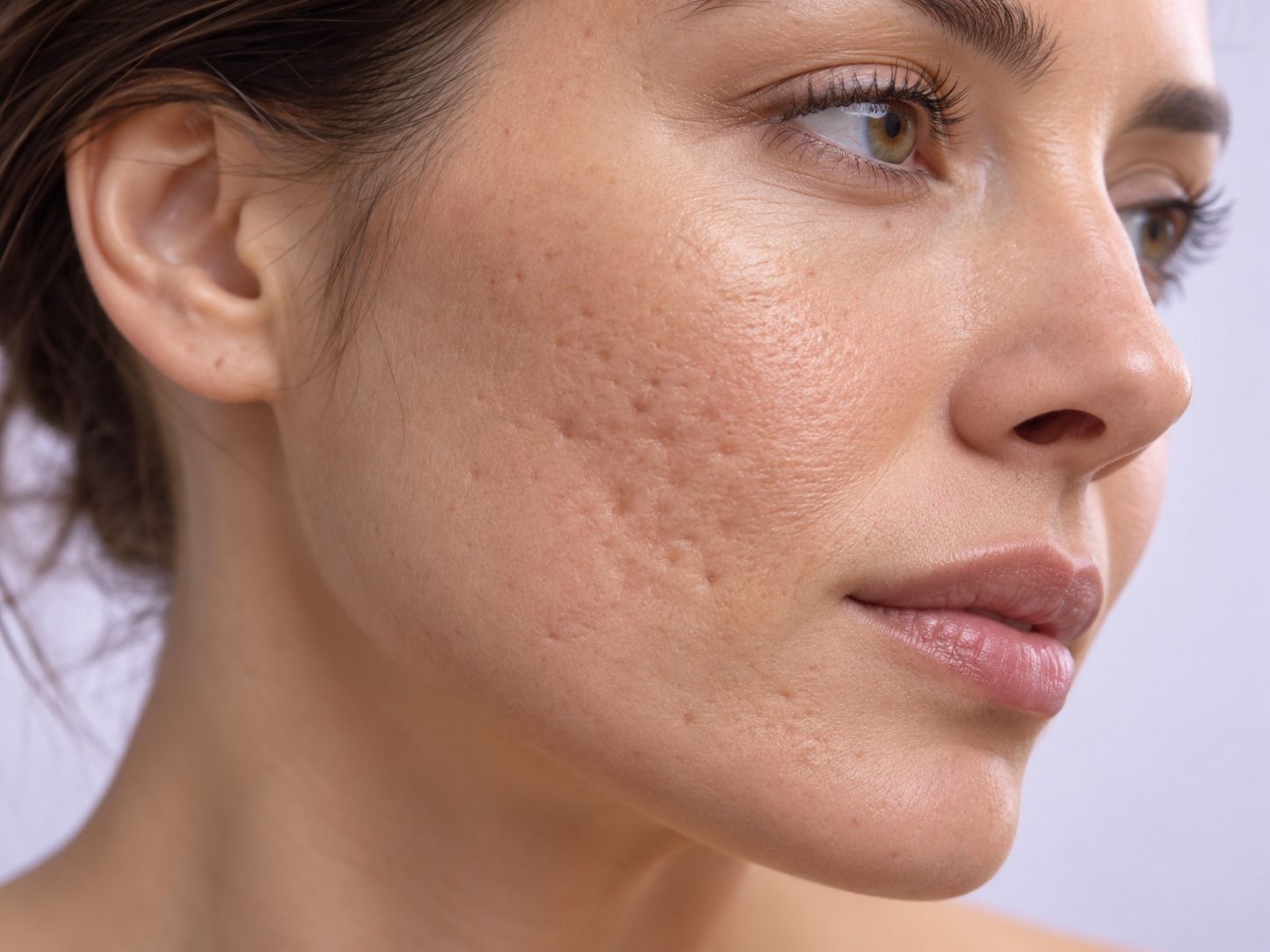 Pele do rosto com cicatrizes atróficas de acne